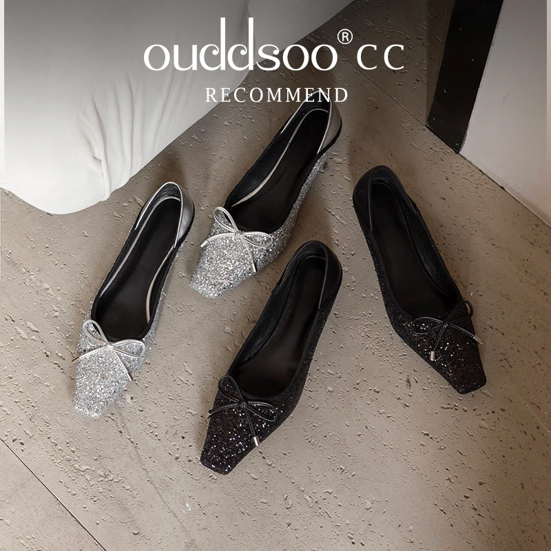 Ods الخريف الأسود بلينغ النساء الشقق أنيقة أشار تو الأحذية الكلاسيكية Bowknot الضحلة الانزلاق على لينة وحيد تاريخ الأحذية لسيدة