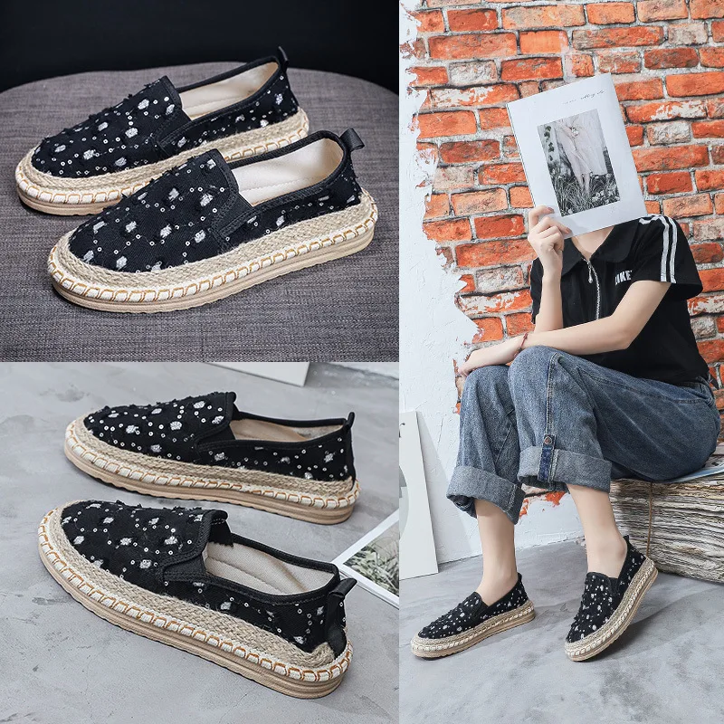 Casual Woman Shoe Espadrilles Platform Shallow Mouth Round Toe Loafers With Fur Slip-on Flax Slip On Linen Summer Microfiber