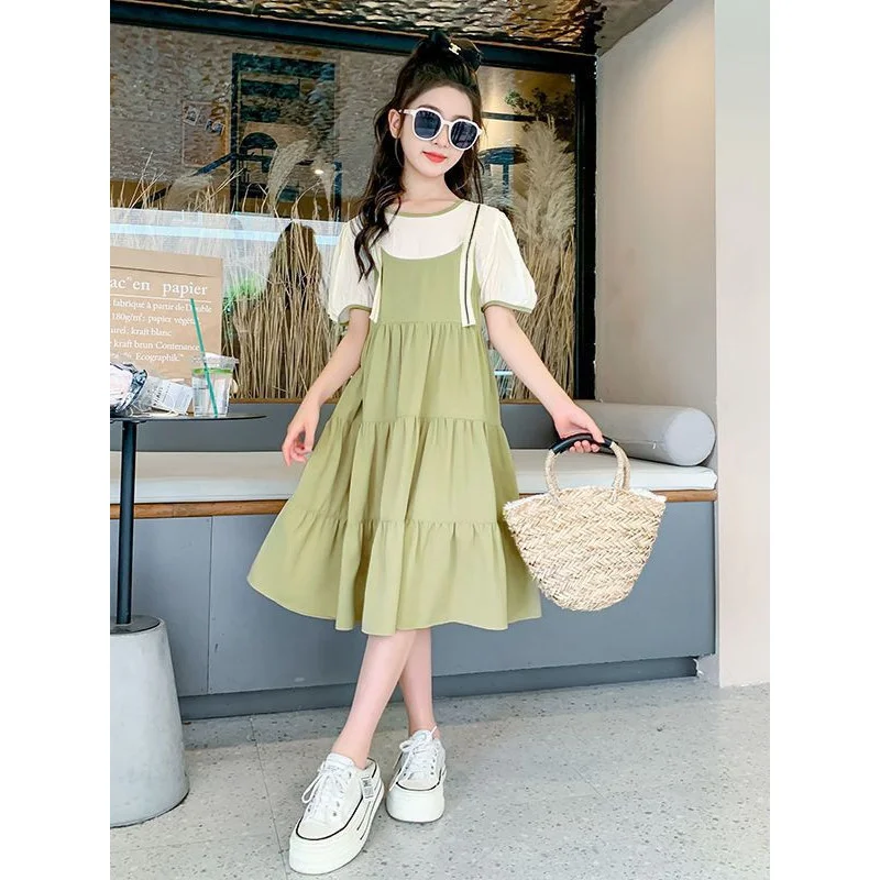 2026Summer New Chiffon Princess Dress, Faux Two-Piece Spliced Strap Dress, Round Neck Girls' Dress