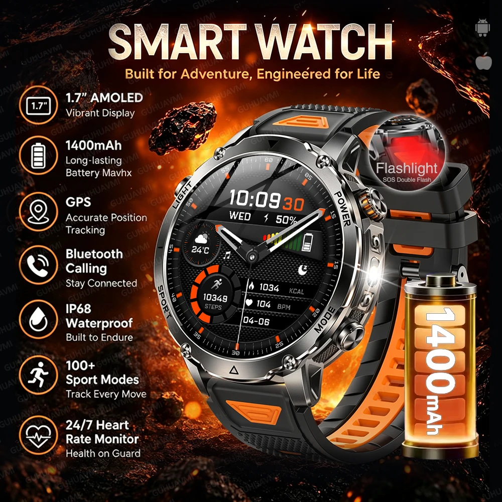 

1400mAh Military Grade Smart Watch 200 Days Battery Life IP68 Waterproof Bluetooth Call SOS Alert LED Flashlight Sports Watche