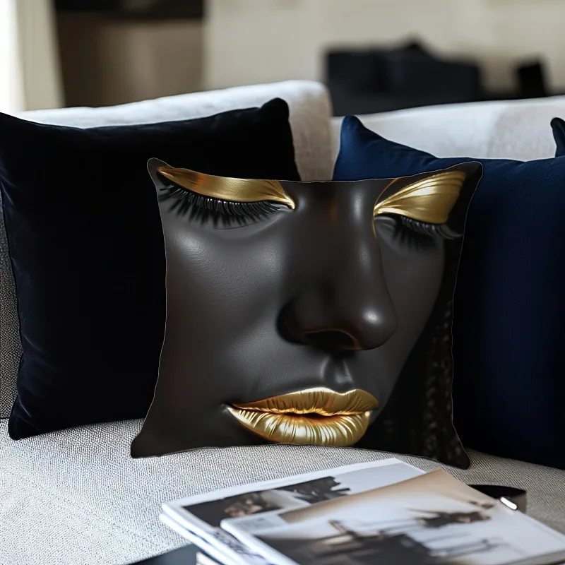 Stunning Black Pillowcase with Gold Facial Features - Unique Home Decor Sofa cushion cover, home decoration, 2D printing