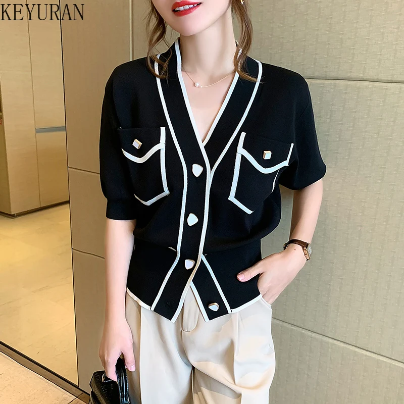 2023 Summer Thin Ice Silk Knitted Cardigan Women\'s Korean Chic V-Neck Single-breasted Short Sleeve Sweater Femme Knitwear Tops