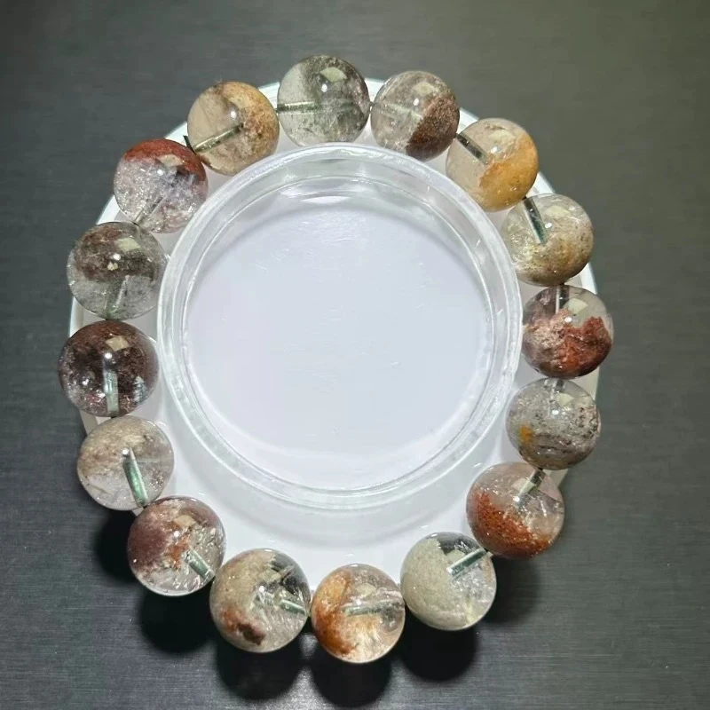 Pulsera de cristal fantasma versátil de media caña con pelo de conejo verde para las cuatro estaciones