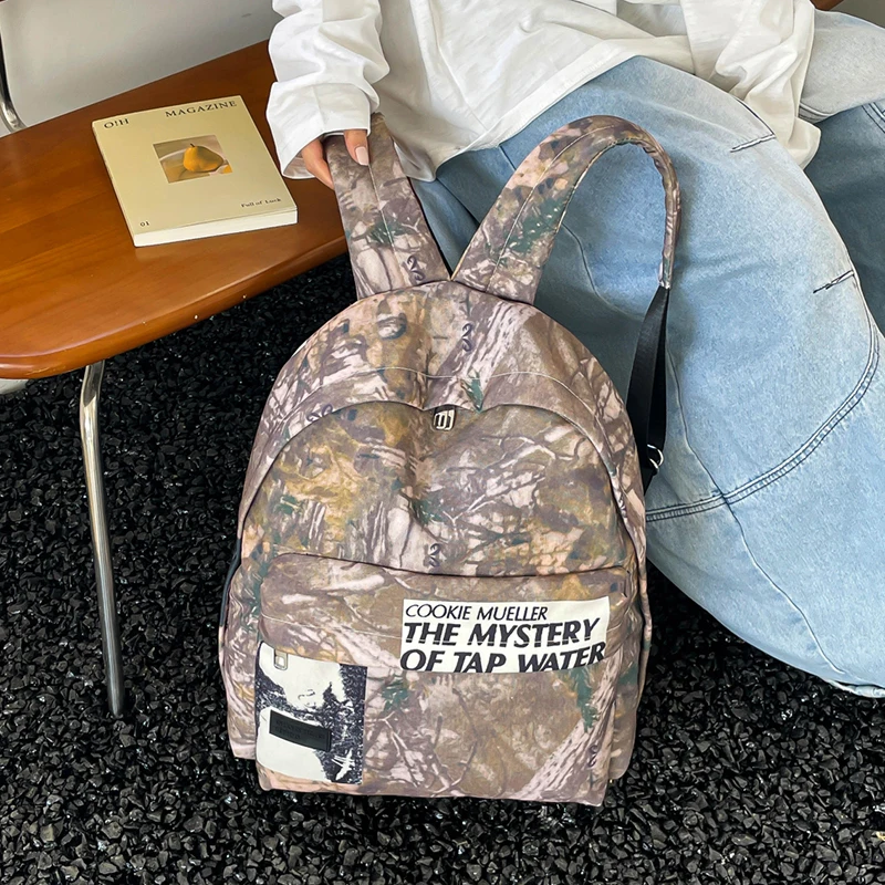Unisex Retro Camouflage Pattern Canvas Backpack English Text Slogan Decor Multi-Functional Casual Daily School Shoulder Bag 2026