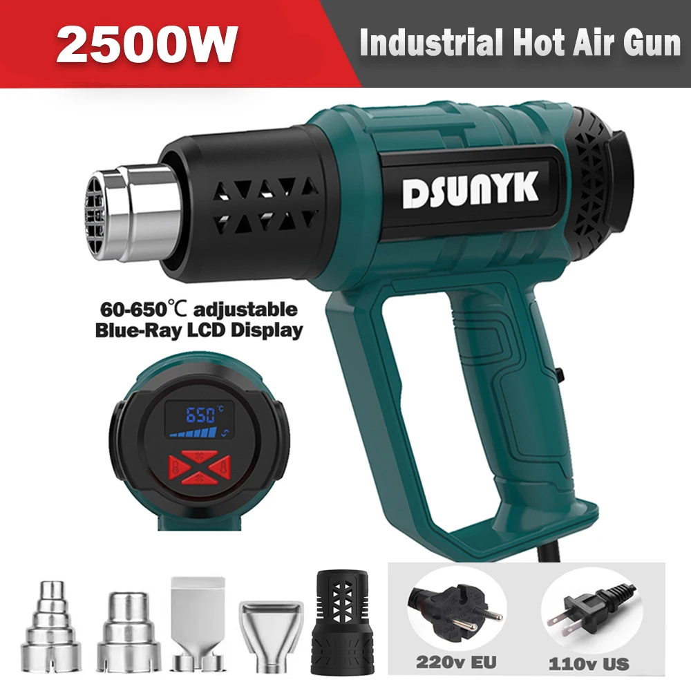 

Профессиональная тепловая пушка мощностью 2500 Вт с регулируемой температурой 60–650. ℃ 4 насадки для зачистки краски своими руками, ПВХ, термоусадочная, для домашнего использования, горячий воздух