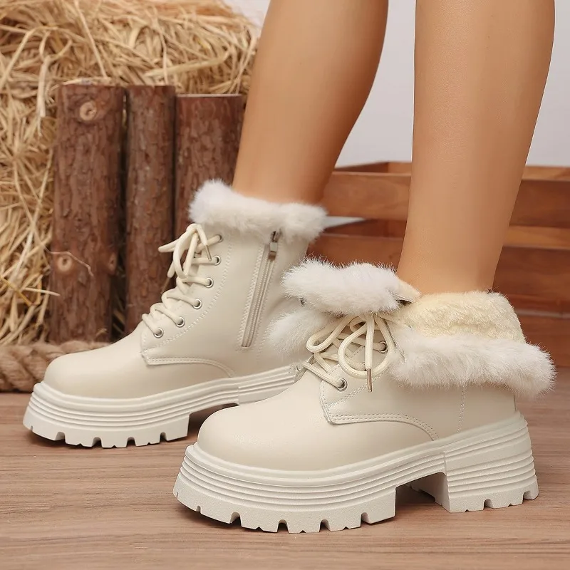 Big Size 42 Classic Winter Faux Fur Black Combat Boots Women White Keep Warm Plush Ankle Boots Platform Square Heels Boot Shoes