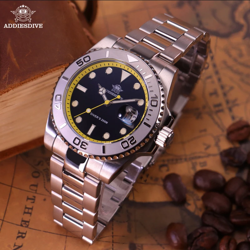 Reloj de cuarzo ADDIESDIVE de 41mm para hombre, reloj de pulsera de buceo resistente al agua superluminoso de acero inoxidable con bisel de cerámica, relojes para hombre AD2040