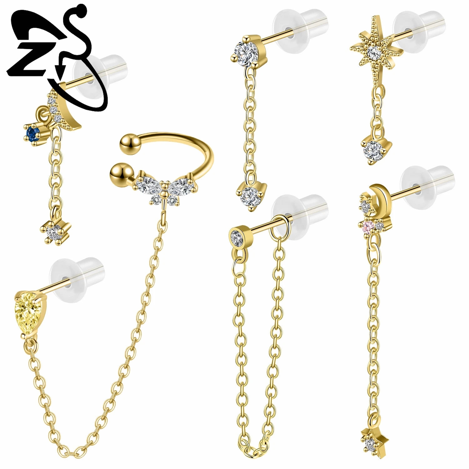 

ZS Long Chain 1 PC 925 Sterling Silver Ear Studs Women Girls CZ Crystal Stud Earrings Penadnt Helix Lobe Piercing Jewelry 0.7MM