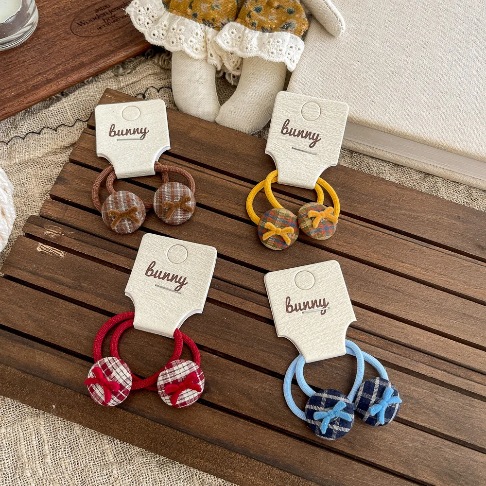 

Plaid Scrunchies Elastic Hair Bands Button Bow Children's Hair Rope Tie Rubber Band Sweet Girl Ponytail Holder Hair Accessories