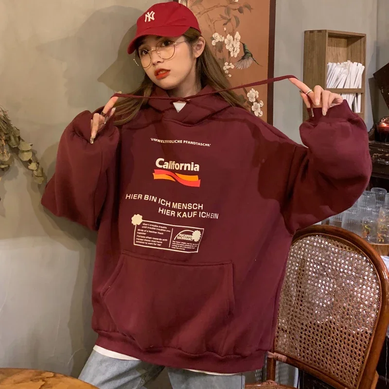 Women Letter Print BF Style Loose Casual Hoodies Pullover Plus Velvet Warm Hooded School Big Pocket Harajuku Sweatshirt Ulzzang