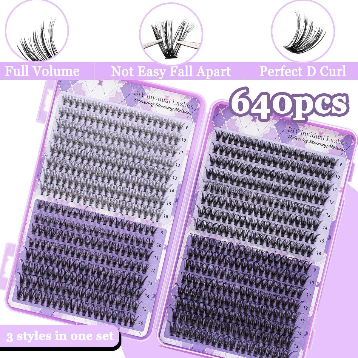 مجموعة مجموعات الرموش ذاتية الصنع مكونة من 3 طراز مختلط بسمك 9-16 مم وفرشاة رموش ملاقط للمظهر الطبيعي إلى البهجة بأسلوب متعدد #3