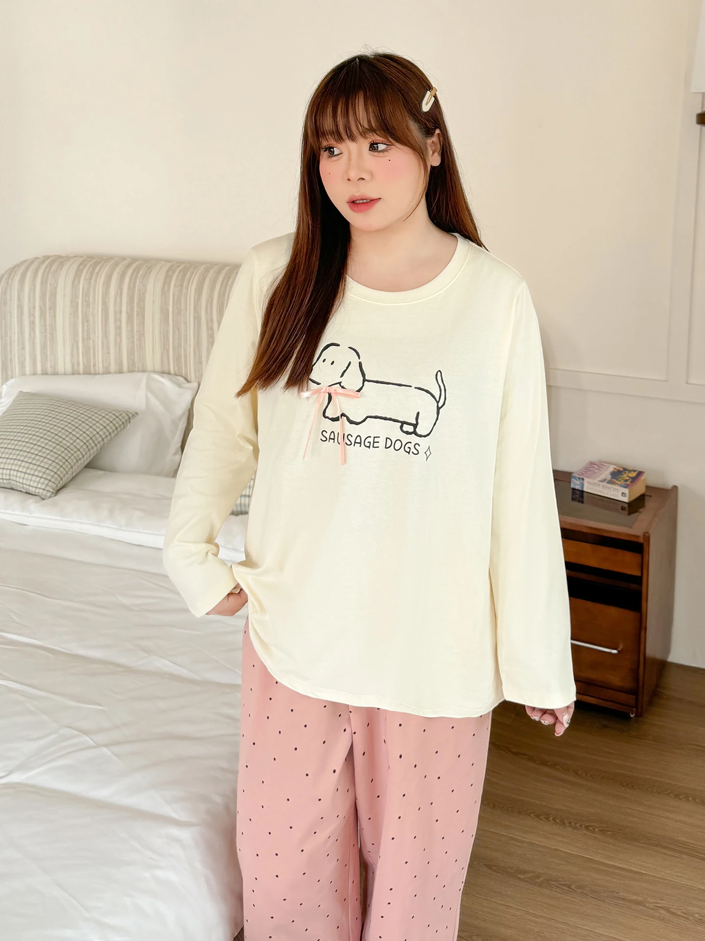 

plus Size Women's Spwear Cute Dog Print round Ne T-irt And Polka Dot Casual Pants Home Clothes Spring Faion Set