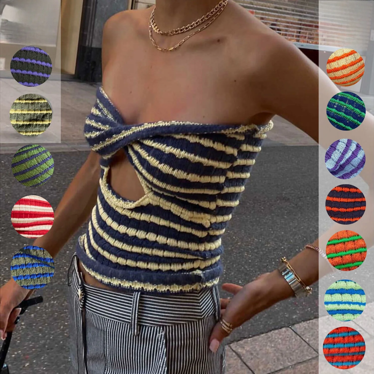 

202 Cross-Border Sexy Stripe Knitted Sweater Tube Top Women's Holiday Faion ort Sle Slim Fit Ladies' Premium Clothing