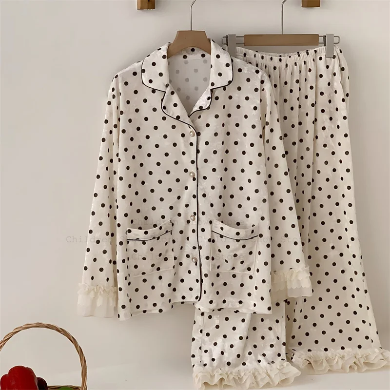 

Luxury Dot Print Pajamas Suit Lady Elegant Nightgown Velour Sleepwear Pijama Mujer Autumn Winter Warm Velvet Home Clothes