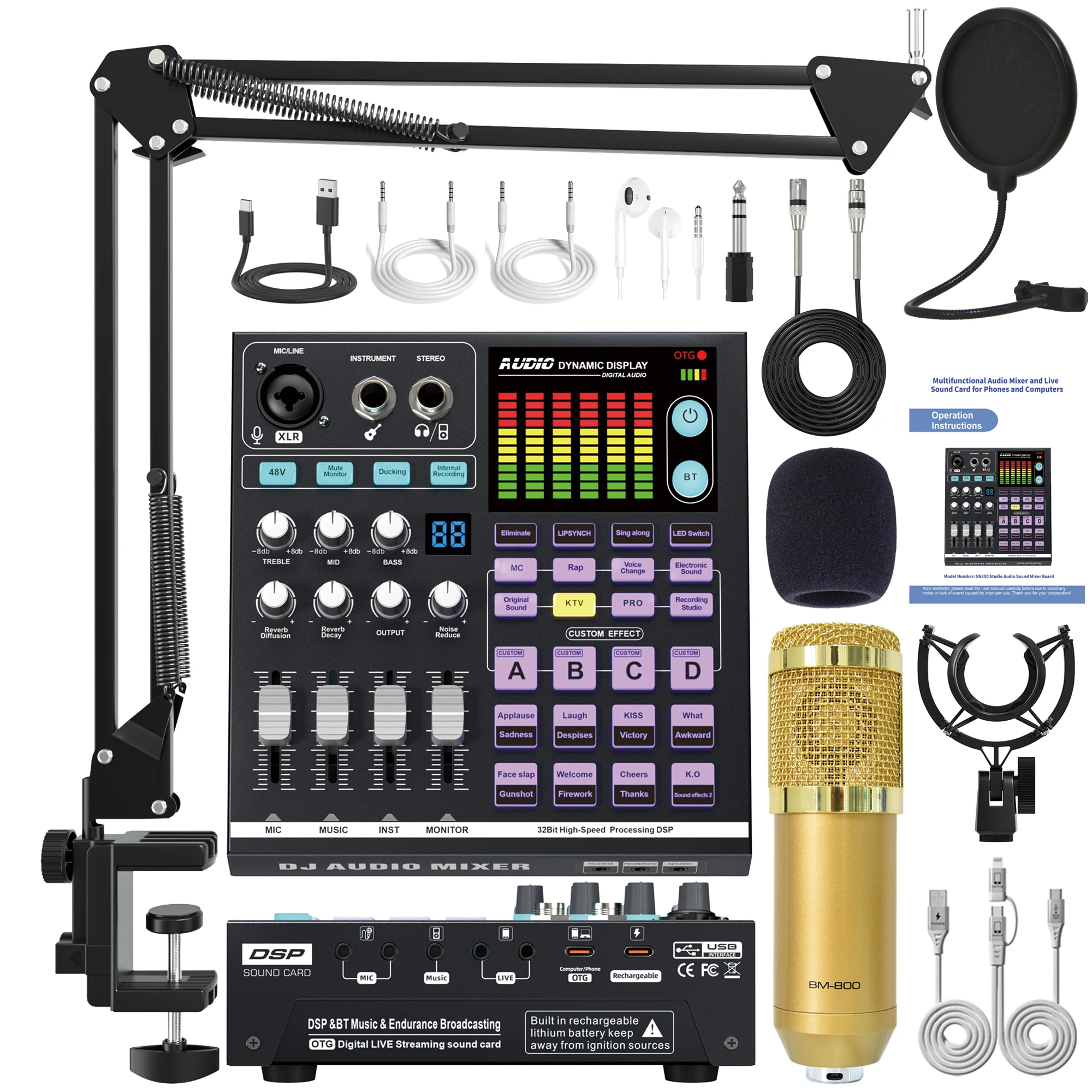 Audio Mixer Sound Card Bundle Condenser Microphone Game Headphones Monitor-Noise Cancelling Dual Streaming For Podcasting
