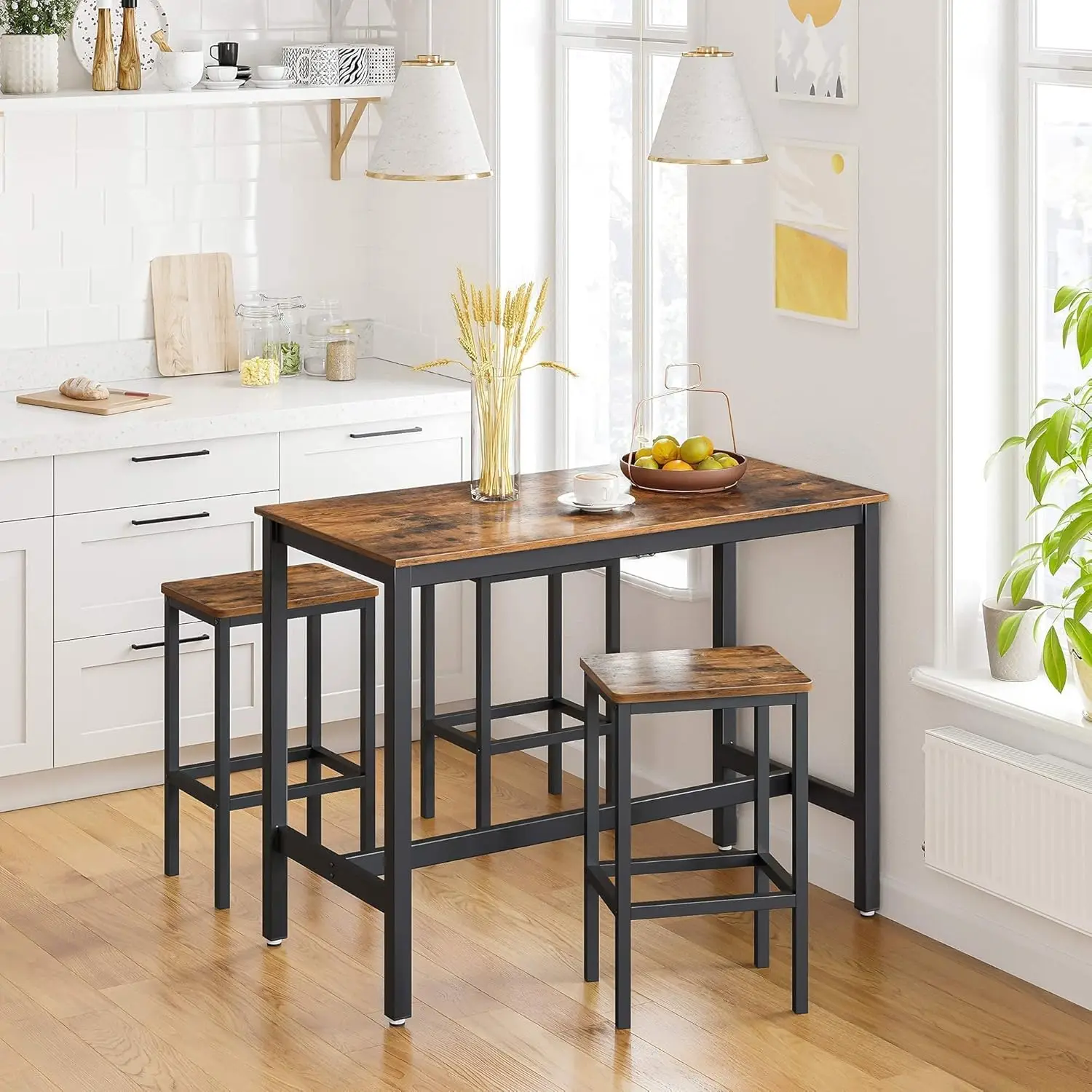 Brown Black Kitchen Stools Set of 2, Comfortable Counter Stools with Footrest for Entertaining & Breakfast