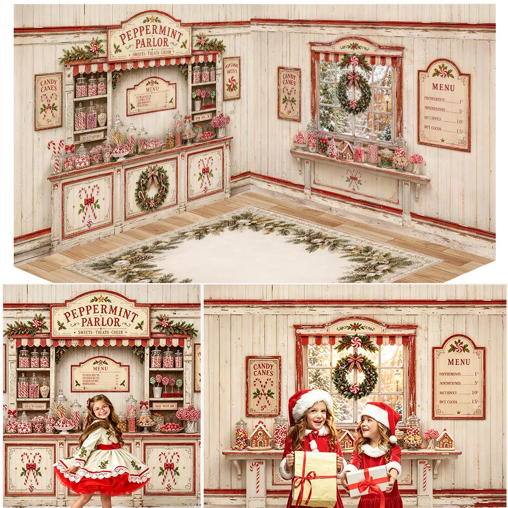 Peppermint Parlor Candy Canes Backdrop Winter Christmas Window White Wash Planks Background Xmas Room Shop Family Party Shoot