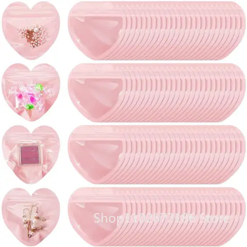 10-100 pièces mignon rose en forme de coeur auto-scellé cadeau sac, fête saint valentin cadeau de mariage bijoux boucle d'oreille anneau sac de rangement