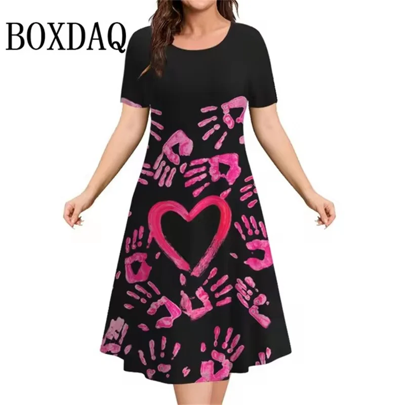 

2025 New Valentine's Day Style Printed Dress 3D Heart Pattern Print Mini Dress Women's Big Size O-Neck Short Sleeve A-Line Dress