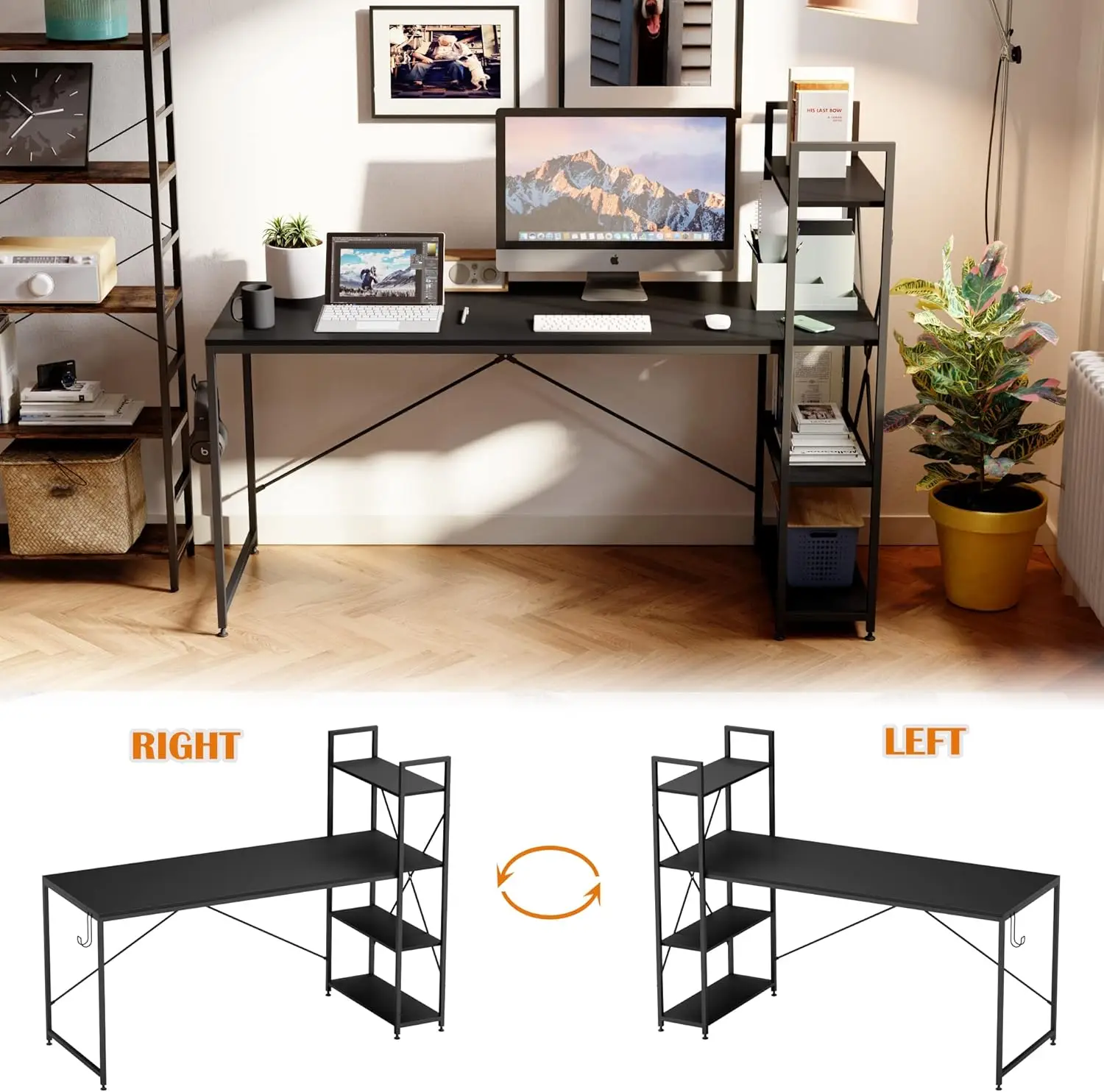 

63 Inch Computer Desk with Adjustable Shelves, Simple Writing Desk with Reversible Bookshelf