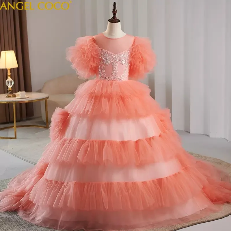 Vintage Pink Ball Gown Flower Girl Dresses Beauty Pageant Kid Birthday Party Dress Costumes Luxury Christmas Ceremonial Dress