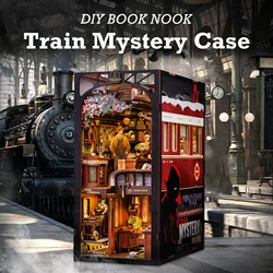 CUTEBEE DIY Book Nook Bookend Miniature Dollhouse Touch Light Dust Cover Bookshelf Insert Kit Train Mystery Detective Doll Hosue