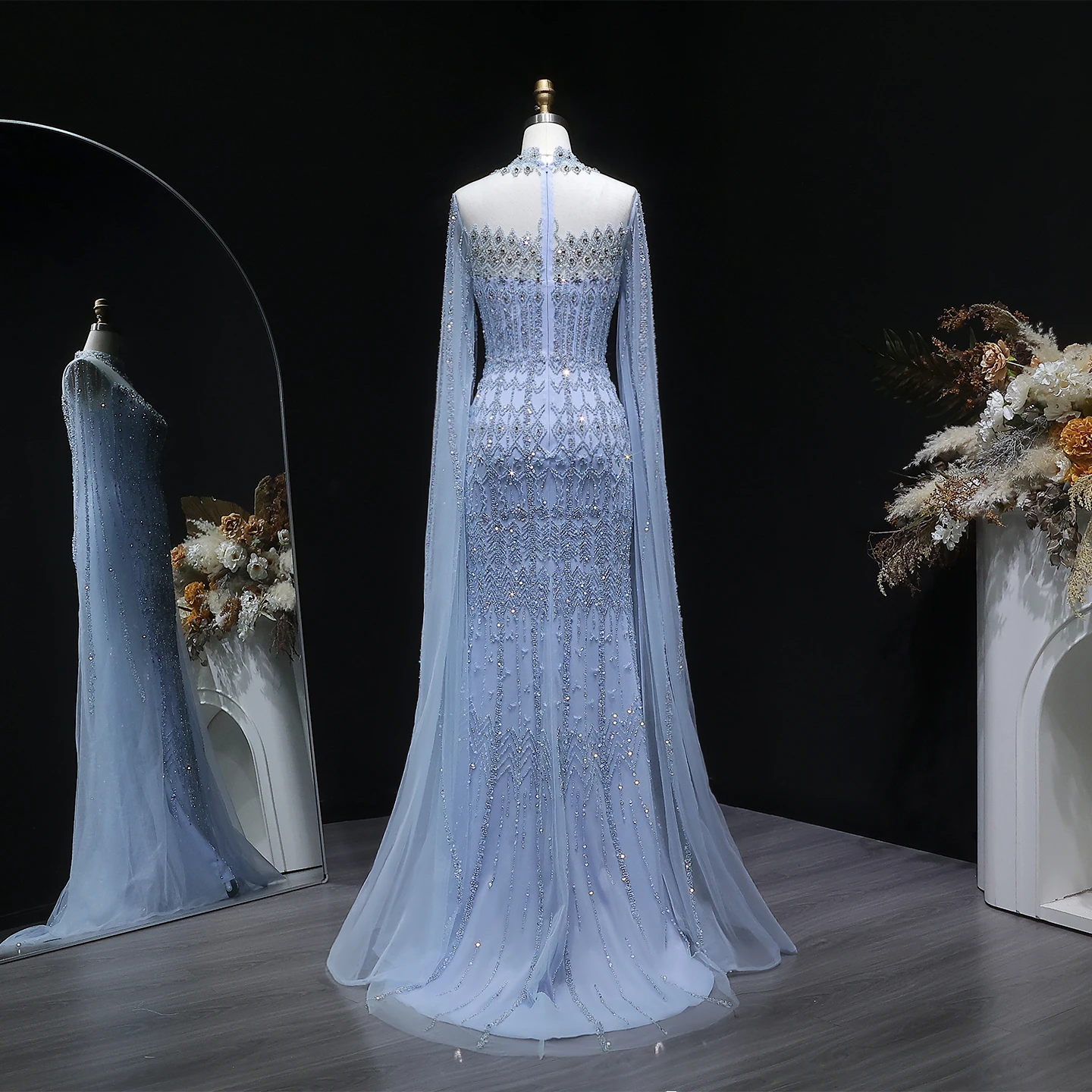 Sharon Said Luxuriöses Blaues Tüll-Abendkleid mit Cape-Ärmeln, Kristall-Pailletten, Damen-Hochzeitskleid, Partykleid, Ballkleid SS150, Maßanfertigung – Detail 10