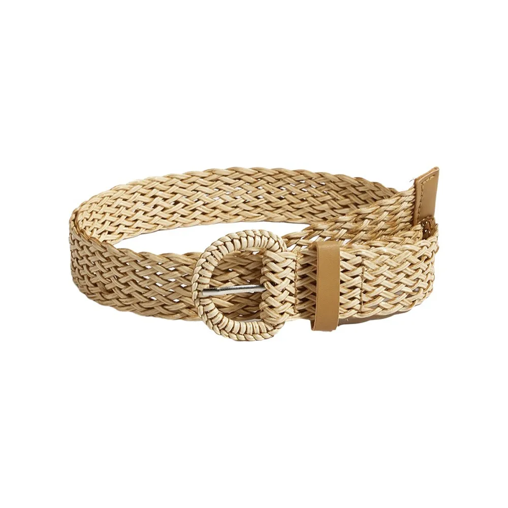 Adjustable Fit Woven Waist Belt Vintage Style Ethnic Style Women Waist Belt Round Ring Buckle Braided Waist Belt