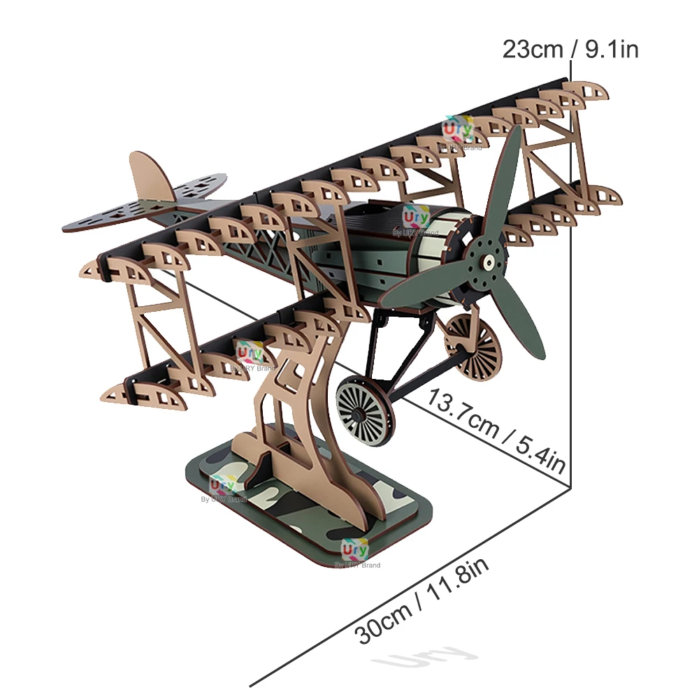 Ury 3D Wooden Puzzle Military Colorful Fokker Dr.I Triplane Fighter Jet Battle Plane with Display Rack Model DIY Decoration Gift