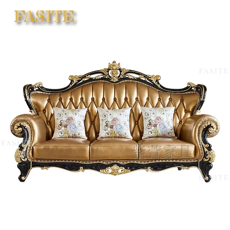 For European Style High End Imported Top Layer Leather Solid Wood Double Sided Carving 123 Sofa Set Champagne Color Large