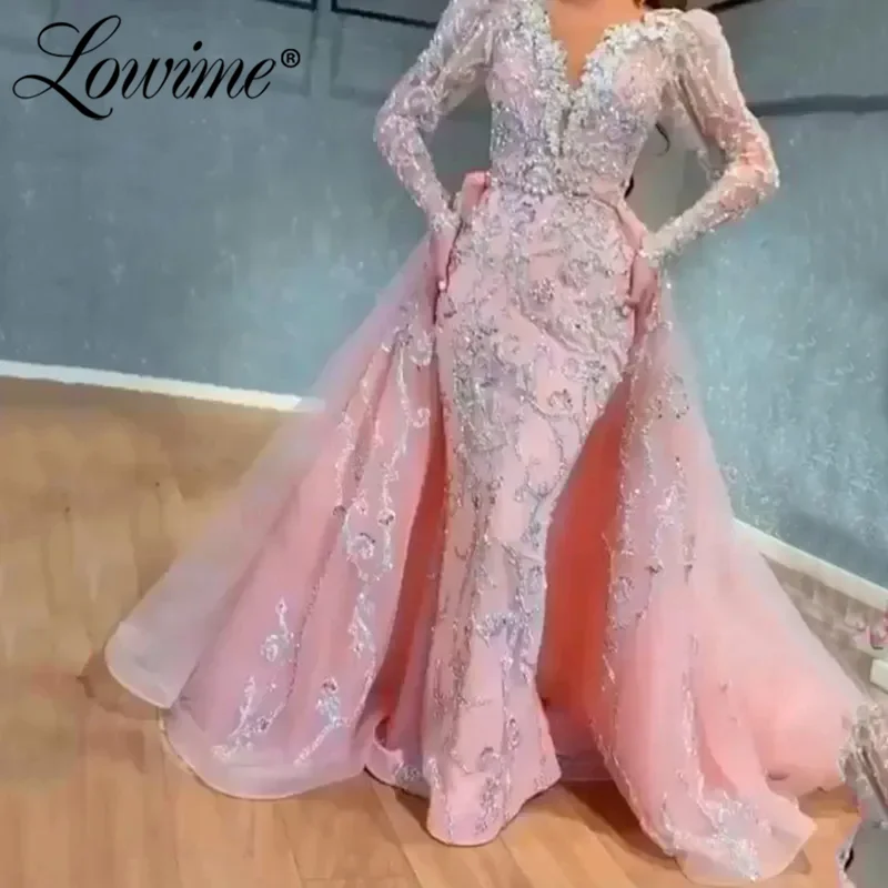 

Арабское розовое вечернее платье в Дубае, элегантное платье русалки с длинными рукавами для выпускного вечера, вечернее платье с кристаллами и v-образным вырезом для свадьбы 2026