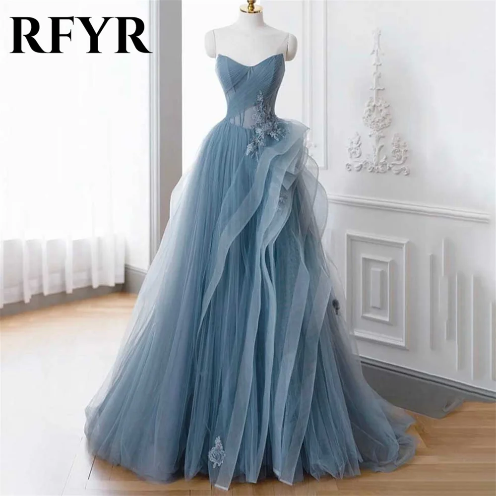 

RFYR Blue A-line Evening Dresses Appliques Off Shoulder V-Neck Tulle Prom Dress with Pleats Long Tulle Party Dresses Customized