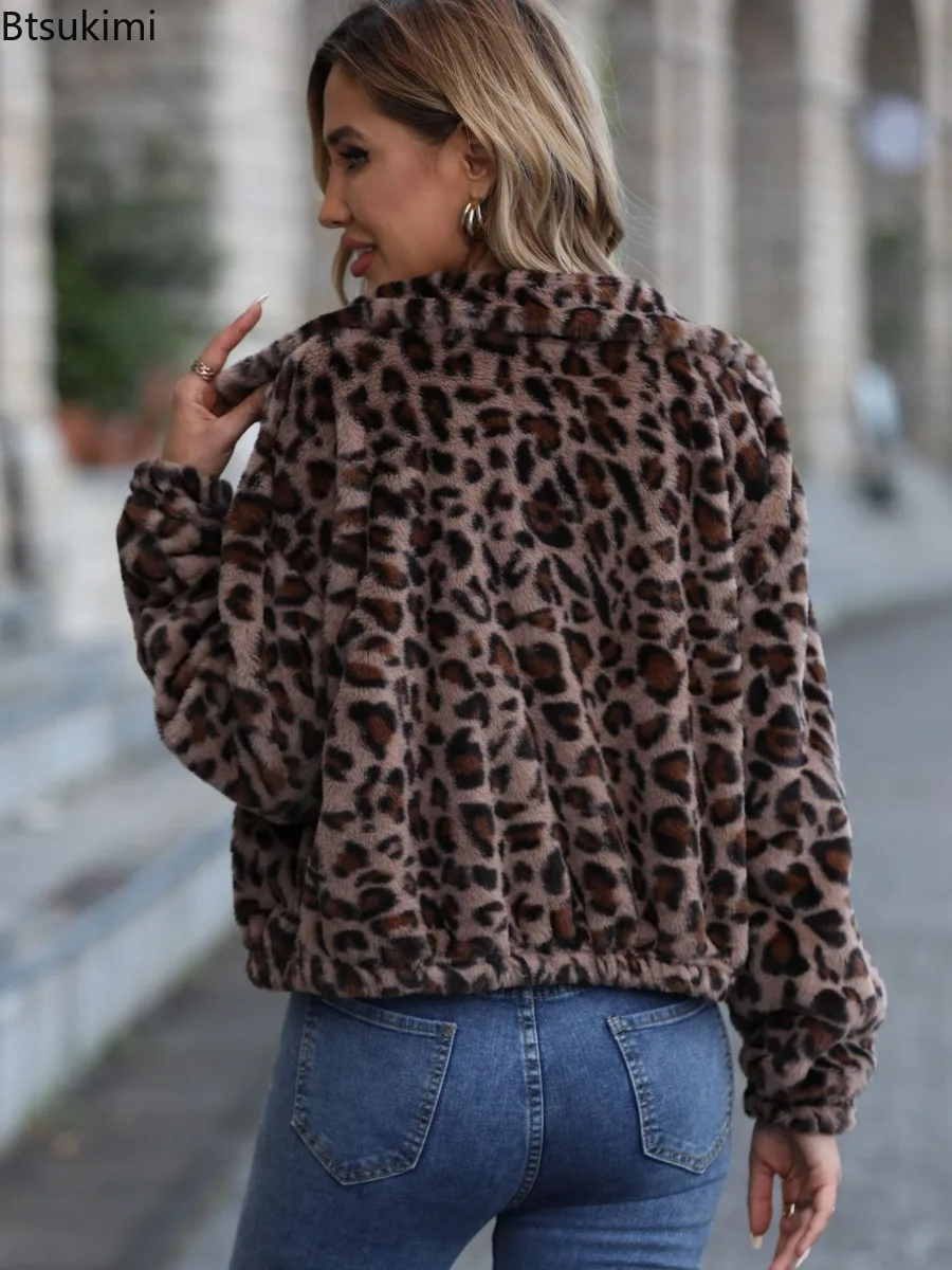 Winter Women Jacket Leopard Print Thick Plush Long Sleeve Coat Zipper Loose Cardigan Outerwear Lady Soft Comfortable Warm Coat