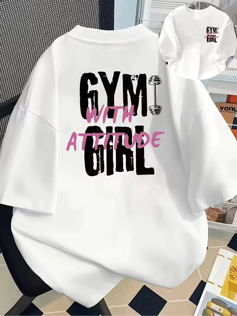 Men Women'S Gym with Attitude Graphic Tee Black Casual Knit T-Shirt with Pink White Letter Print Short Sleeve Round Neck 2026