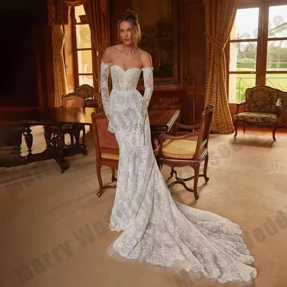 فساتين زفاف فاخرة بأكمام طويلة قبالة الكتف الدانتيل حورية البحر الحبيب فساتين الزفاف vestidos de novias رداء مخصص #1