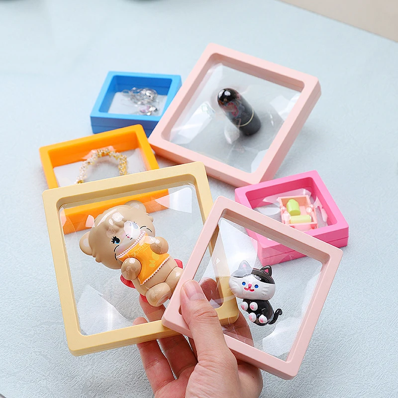 Transparente PE Film Jewelry Storage Box, 3D Floating Display Frame, Coin Dustproof Exposição, Anel Brincos Organizador Caso, caso de cor
