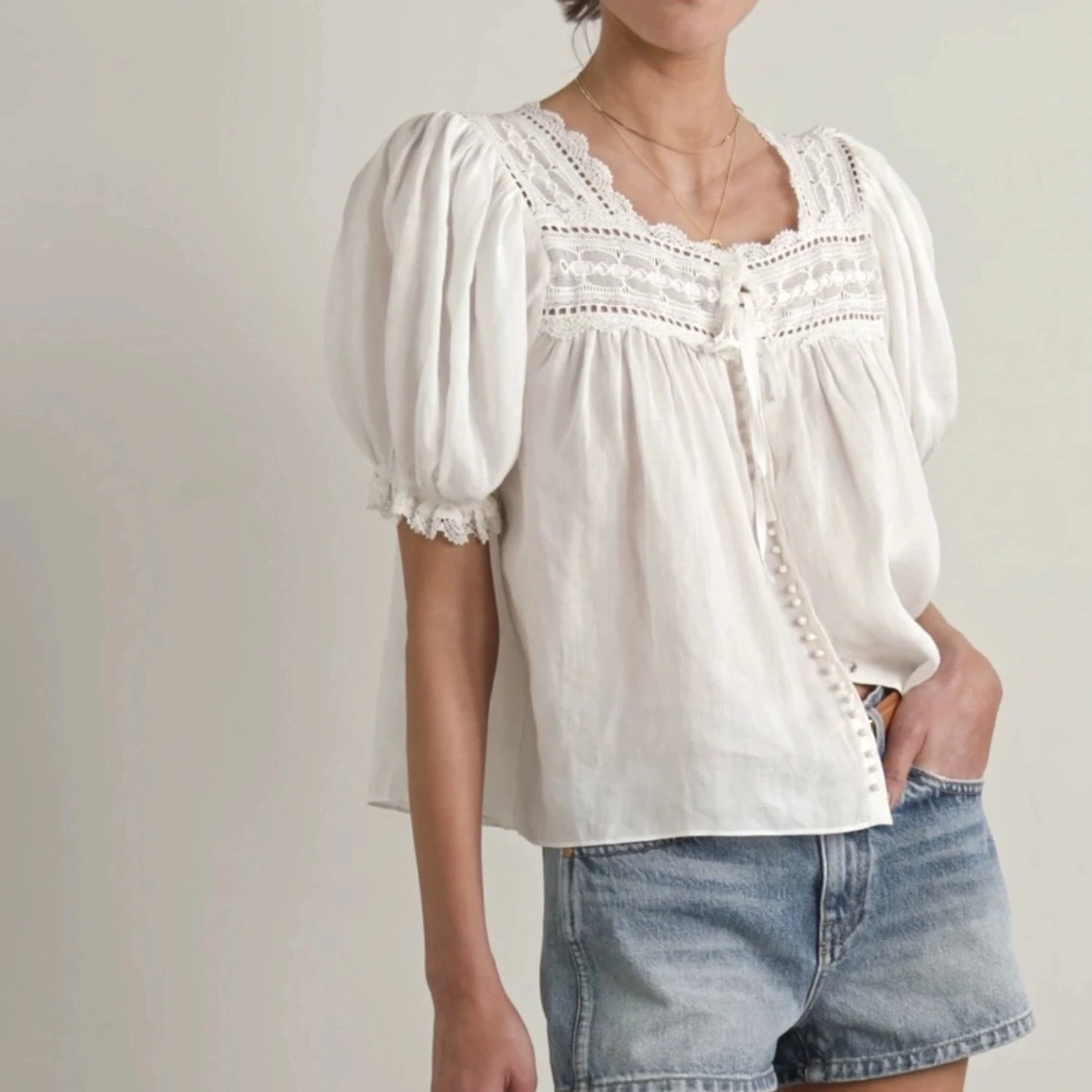 Women white Shirt tops Hollow Out Embroidery Square Collar Short Sleeve Blouse