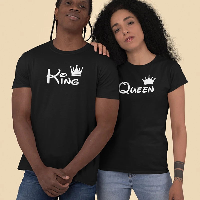 King Queen Couple T-shirt Harajuku Cotton Crewneck Graphic Tee Lover Clothes Vintage Simple Men and Women T Shirts Clothing