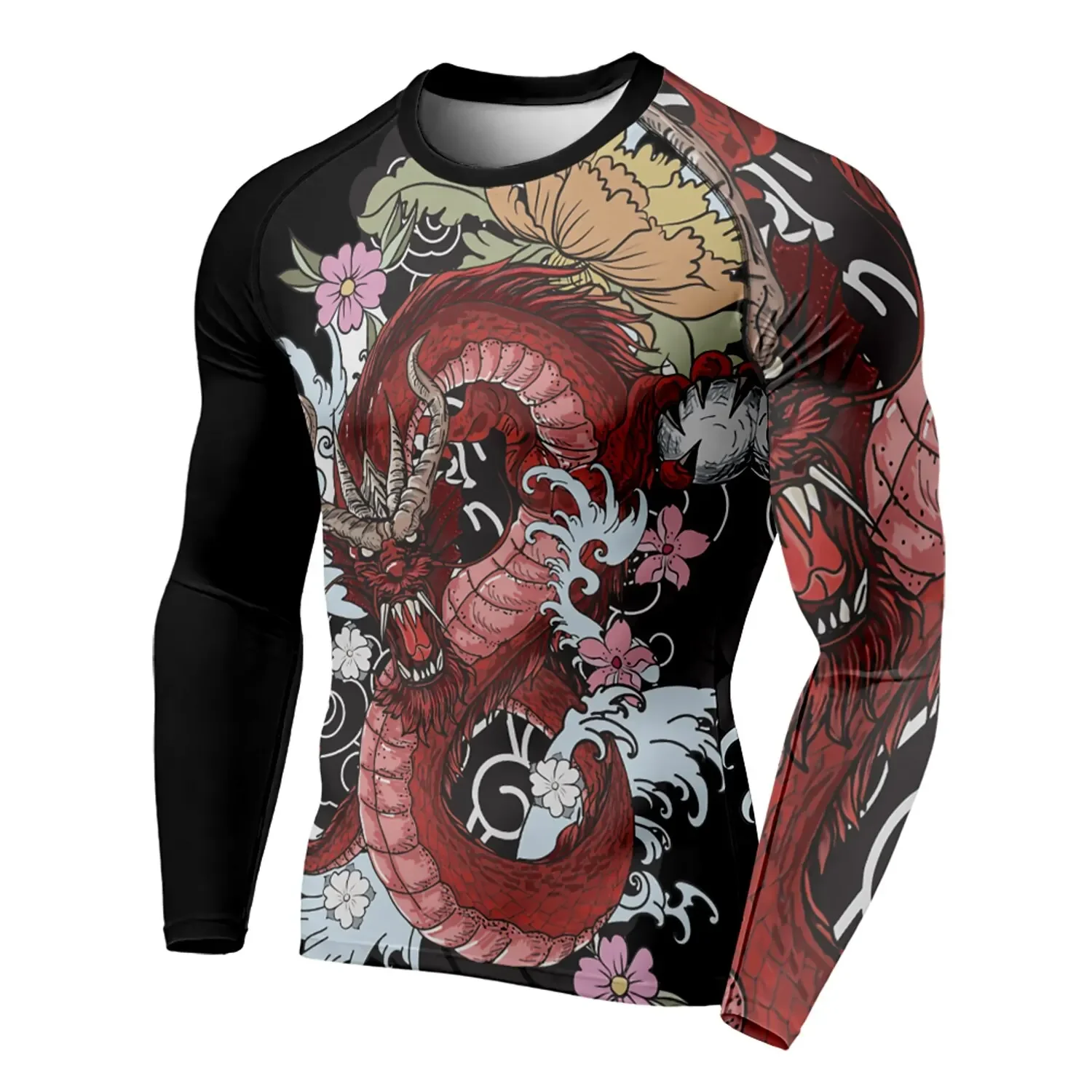 Men's Japanese Style Red Dragon Floral Wave 3D Print Long Sleeve Compression Shirt Quick Dry Athletic Gym Casual Streetwear Tops