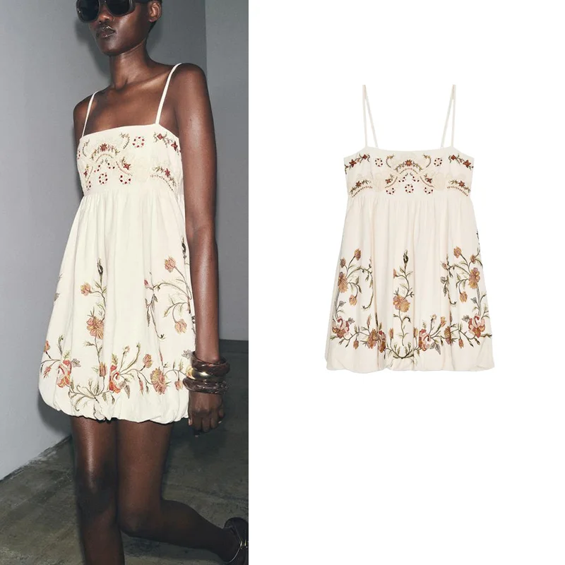 Été nouvelles femmes vacances Sle col droit Svel sangle brodée ort Dr taille haute Vintage imprimé décontracté Dr