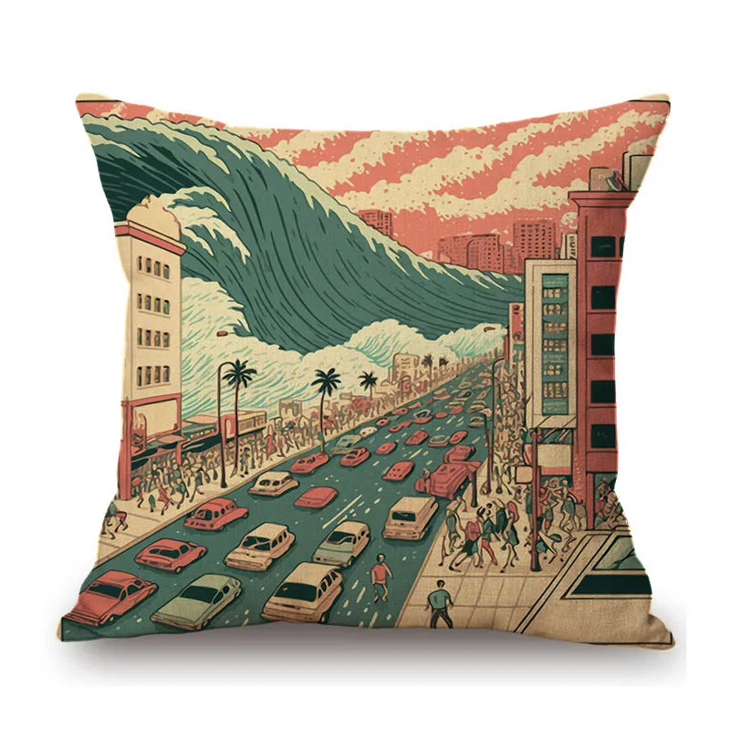 Great Wave Cartoon Painting Home Decorative Sofa Throw Pillow Case Giant Marine Tsunami in City Cotton Linen Car Cushion Cover