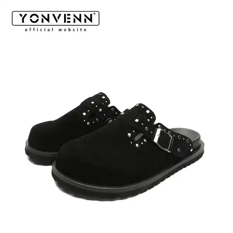 New anti velvet cowhide Baotou Birken slippers for men with height increase thick sole no heel M uller shoes for commuting