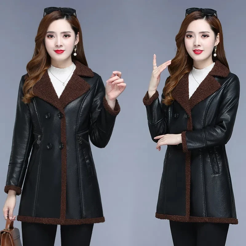 XL-6XL Womens Leather Jacket Autumn Winter Mid-Long Faux Leather Motorcycle Windbreaker Coat Mother Winter Thick Velvet Overcoat