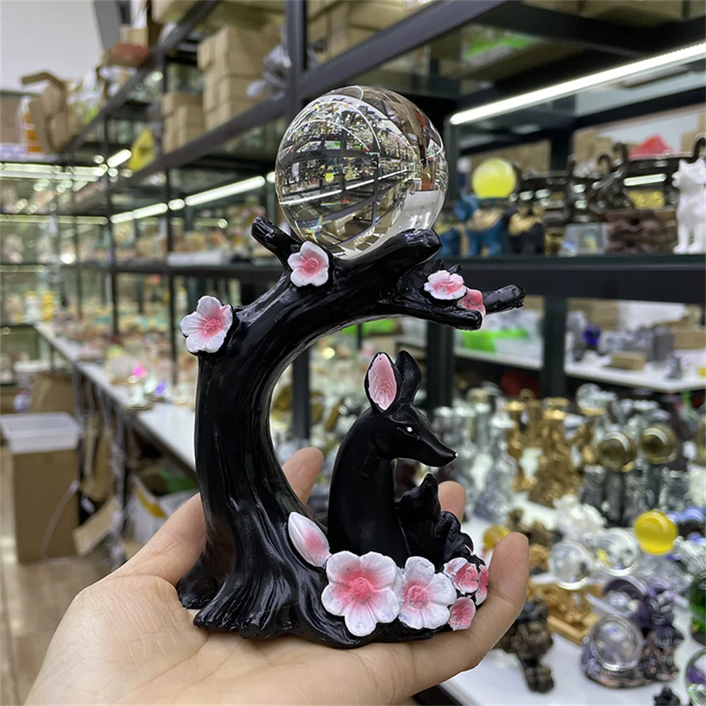Sika Deer Sculpture Sphere Holder Crystal Ball Display Stand Resin Tree Figurine Bedroom Office