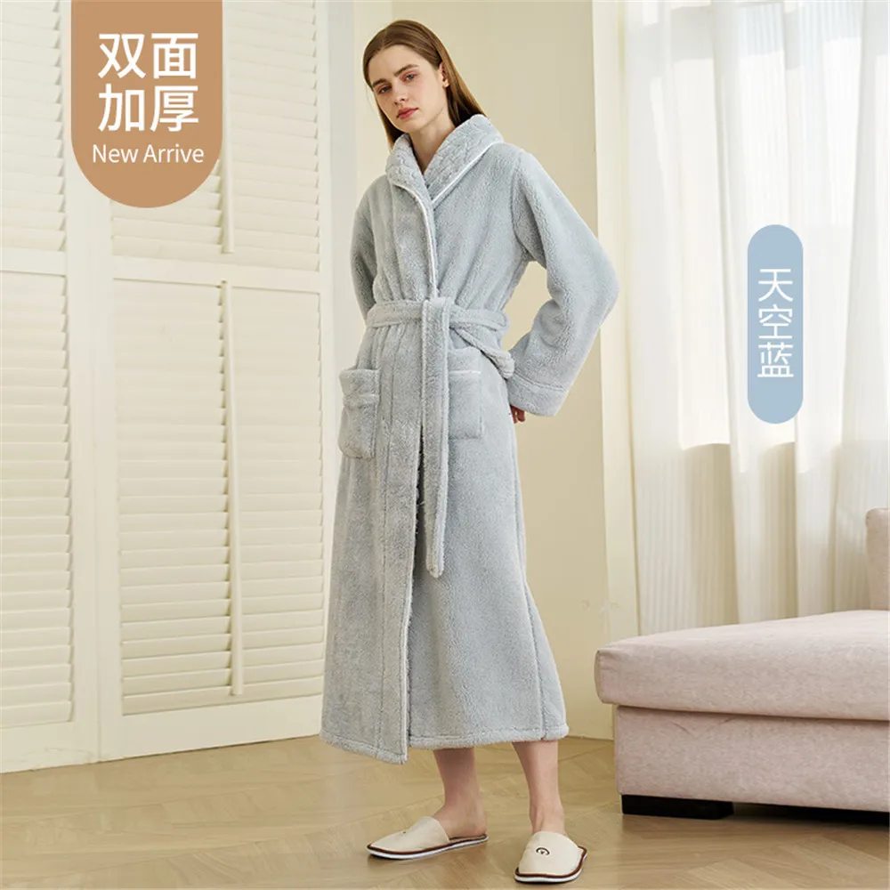 Autumn Winter Couple Robe Sleepwear Flannel Nightwear Kimono Bathrobe with Pocket Loose Coral Fleece Home Wear Lounge Wear