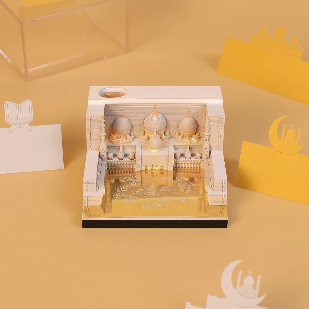 

Eid Gifts Islam Masjid Mosque 3D Art Memo Pads Custom Notepad Cute Sticky Notes With Pen Holder Acrylic Gift Box