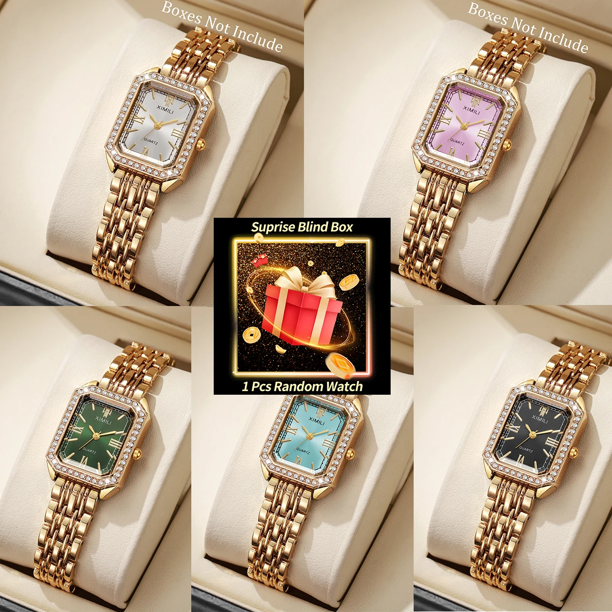 

1 шт., загадочные часы-сюрприз, слепая коробка-роскошные женские часы со стразами, модный прямоугольный браслет, кварцевые наручные часы Reloj Mujer