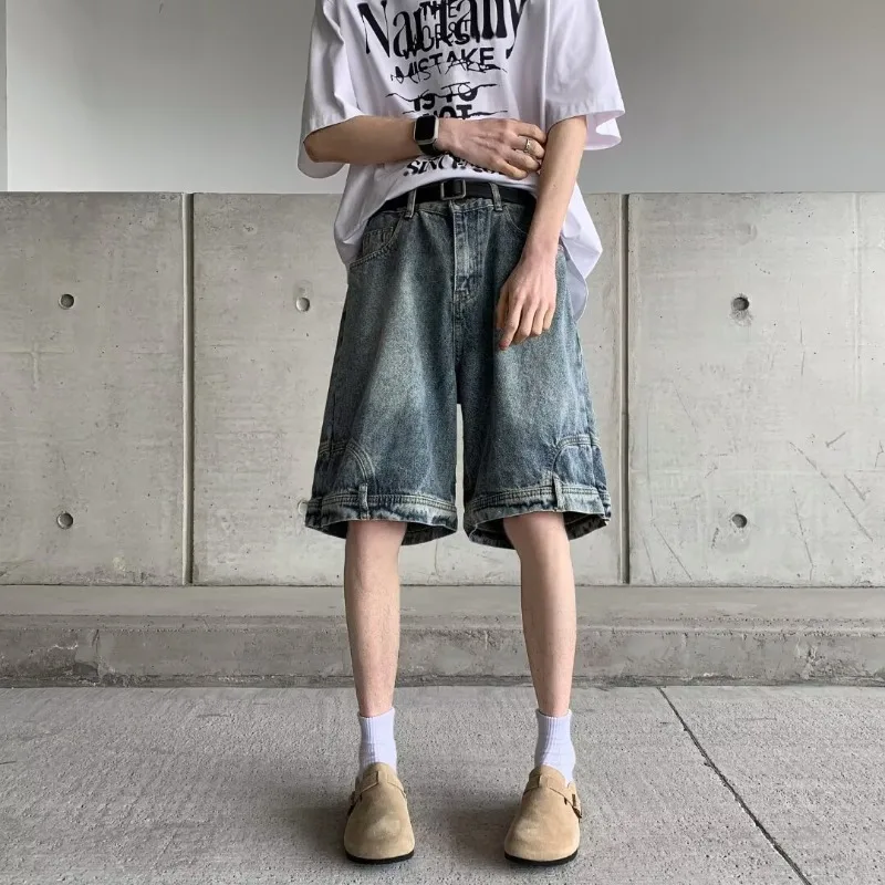 

Мужские летние тонкие джинсы в американском ретро-стиле, модные брендовые брюки-пятиштаны, свободные прямые повседневные брюки с эффектом потертости