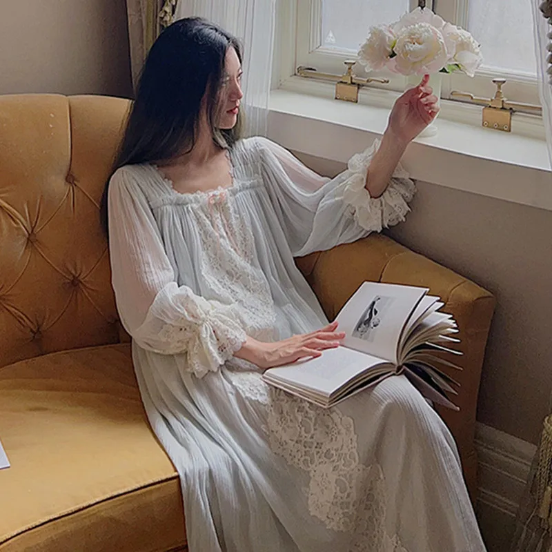 Princess Vintage Long Loose Cotton Nightgowns French Sexy Square Collar Full Sleeves Nightdress Sweet Lace Embroidery Nightie