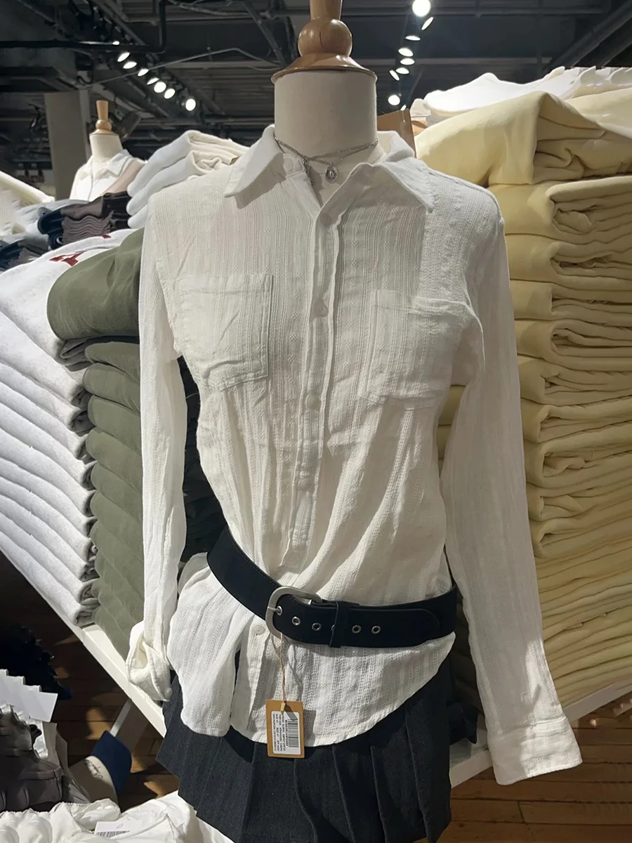 

Embroidery Hollow Out Slim Blouse Women Autumn White Lapel Single Breasted Long Sleeve Shirts Vintage Simple Cotton Thin T-shirt